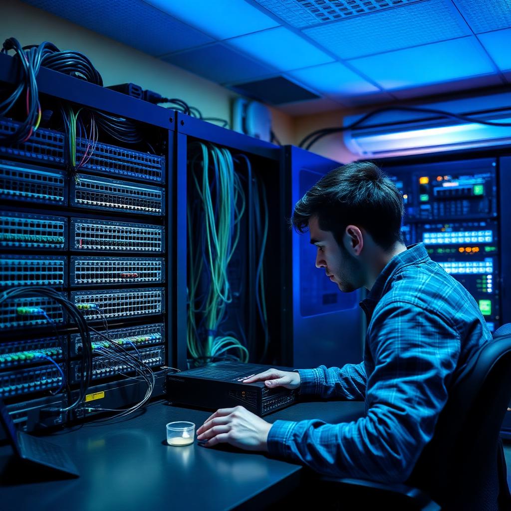 Student configuring routers in the networking lab